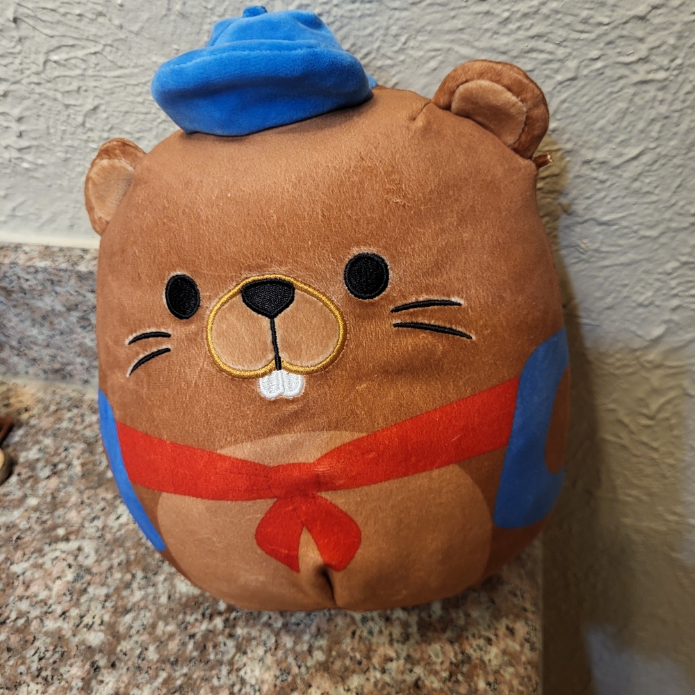 Charming Brown Plush Beaver with Blue Hat and Red Scarf Squishmallow 12 Inch